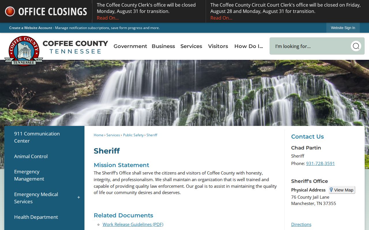 Coffee County Sheriff booking-record contact page