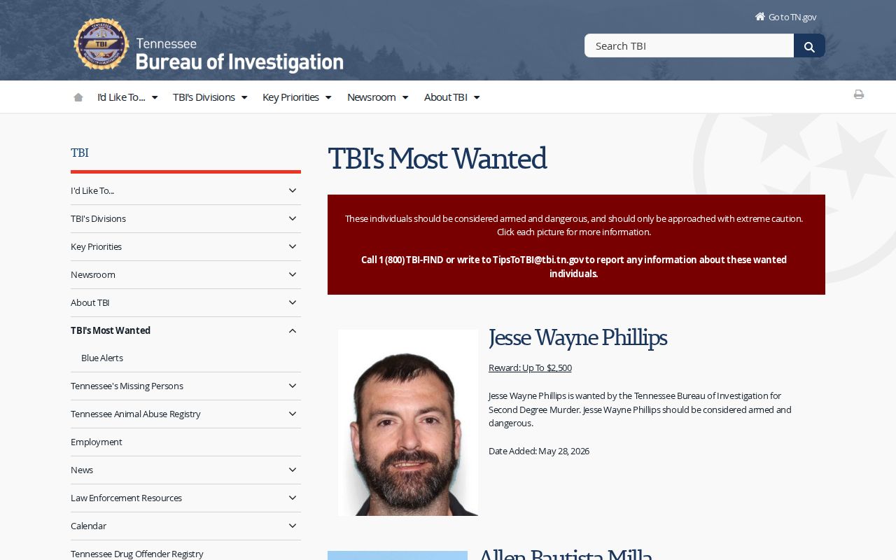 Coffee County warrant-check path on the TBI wanted-record page