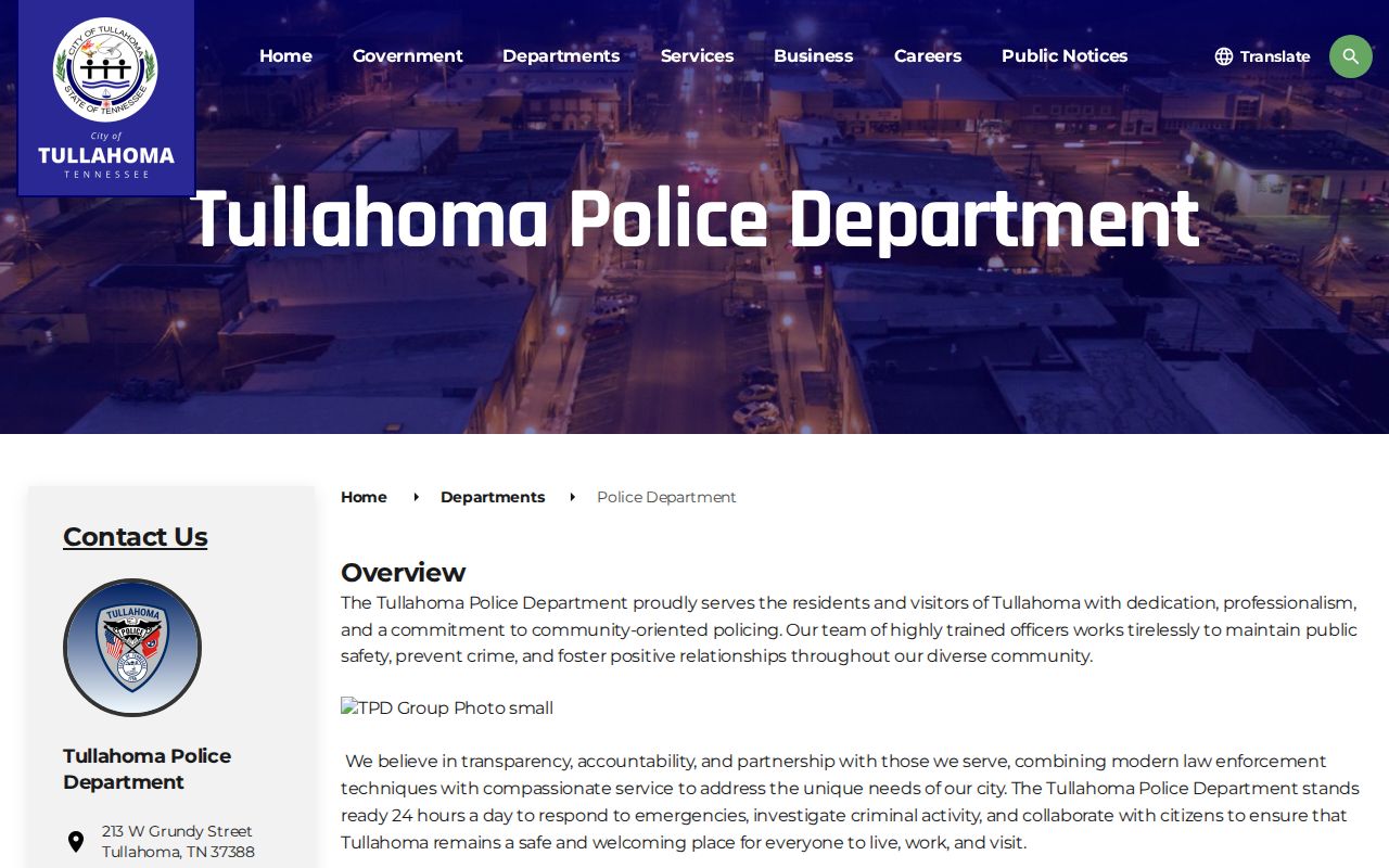 Tullahoma Police Department Coffee County arrest-record information page